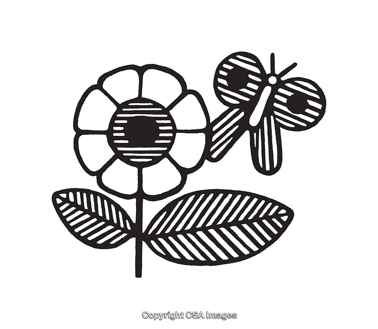 Black and White Flower and Butterfly Line Art Illustration