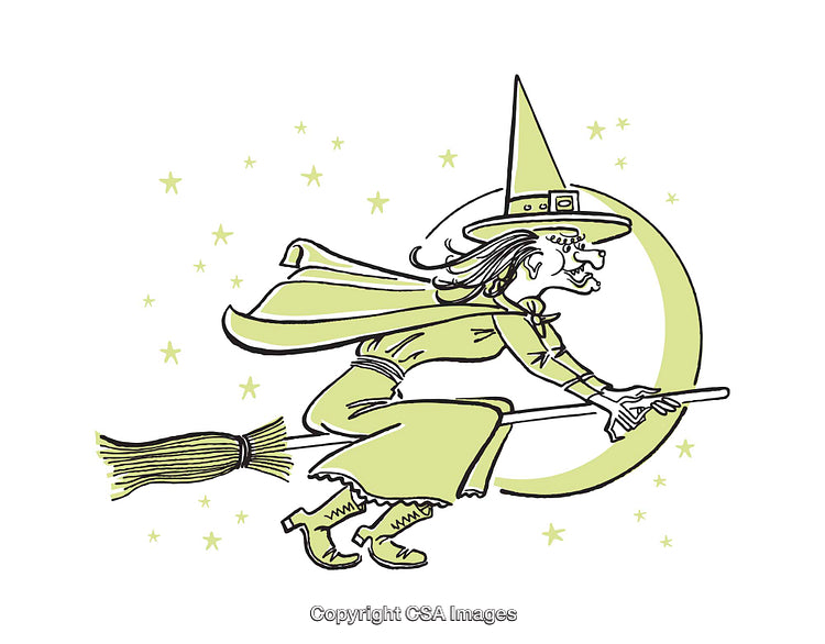 Cartoon Witch Flying on Broomstick with Crescent Moon and Stars Design