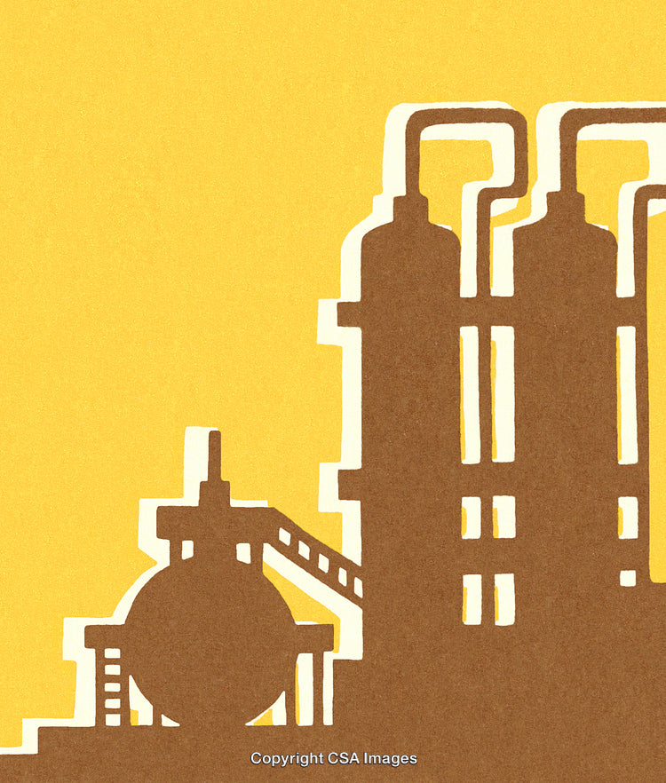 Industrial Facility Silhouette on Yellow Background with Abstract Design