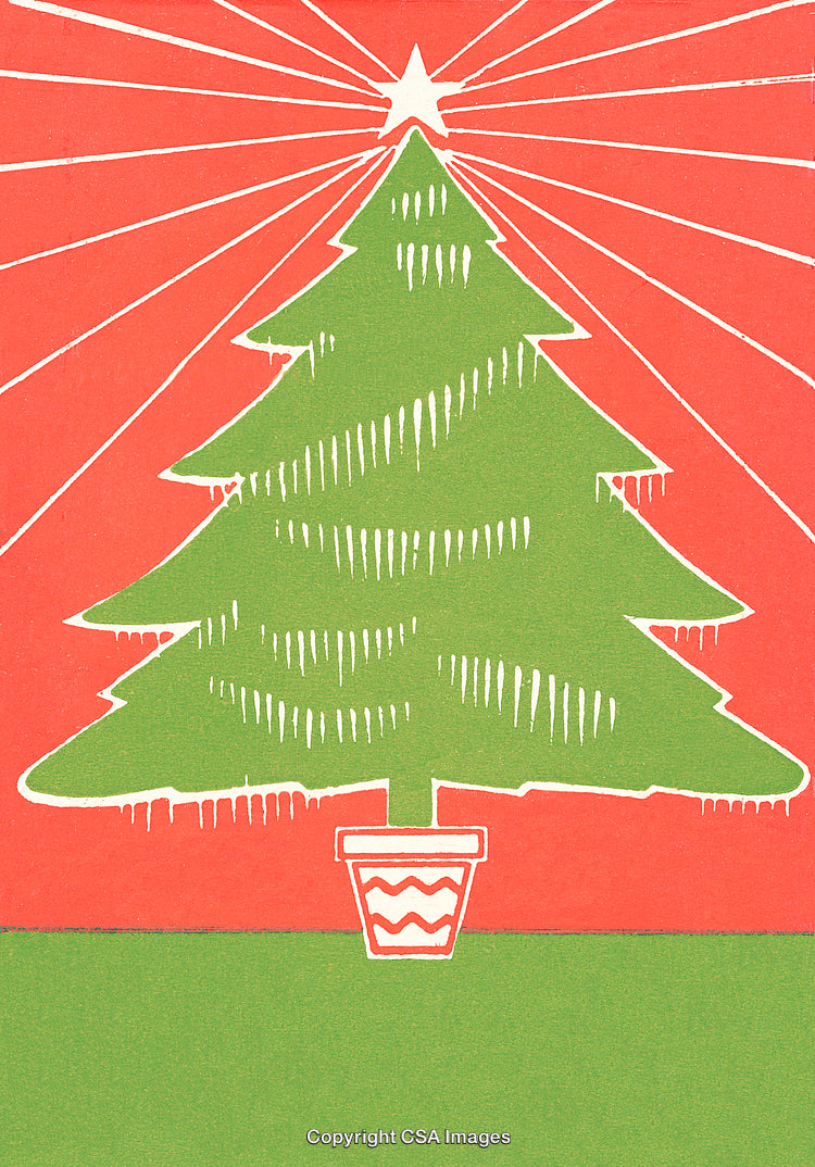 Decorative Holiday Christmas Tree Illustration with Star and Festive Red Background