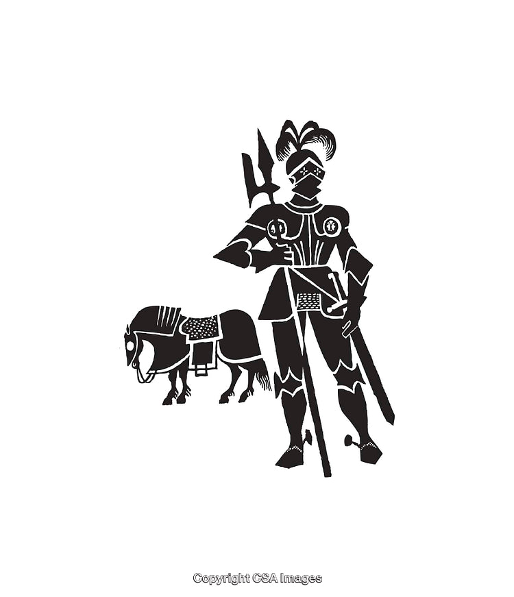 Black and White Line Art of Knight and Horse Silhouette