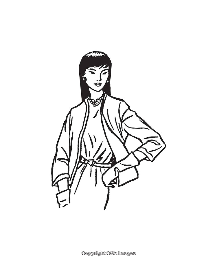 Stylish Female Line Art Portrait with Elegant Outfit and Accessories