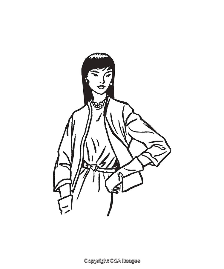 Stylish Female Line Art Portrait with Elegant Outfit and Accessories