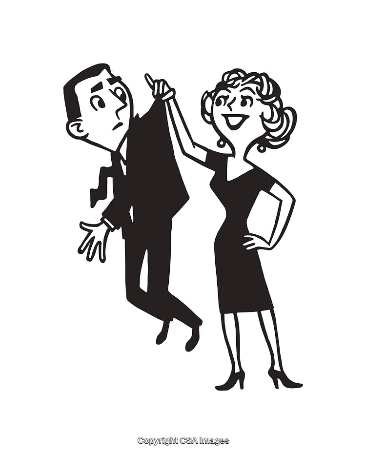 Vintage Line Art Illustration of a Woman Playfully Lifting a Man