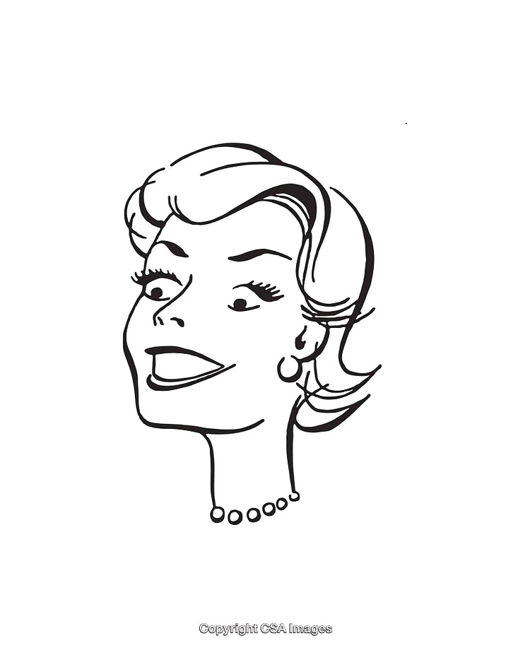 Vintage Style Illustration of Smiling Woman in Black and White Line Art