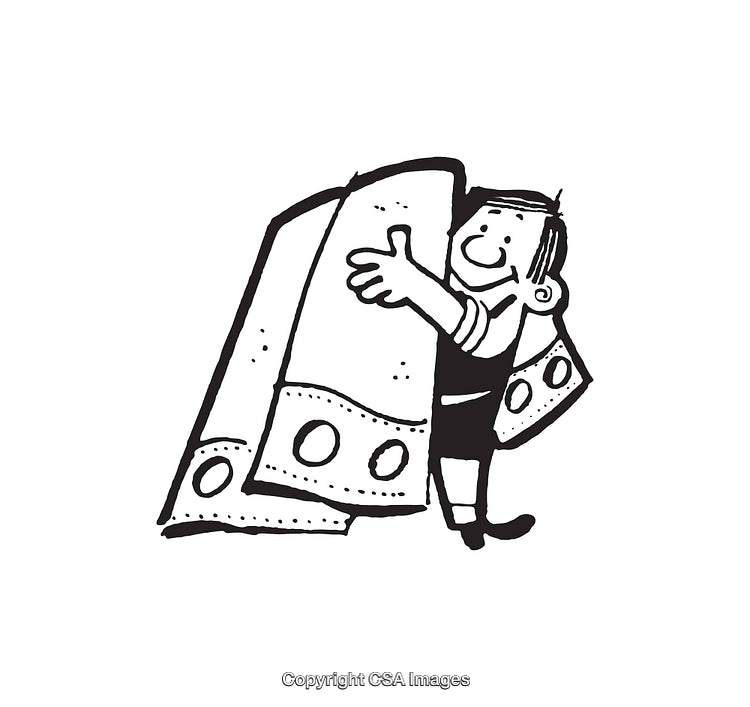 Black and White Illustration of a Man Embracing Money Bills