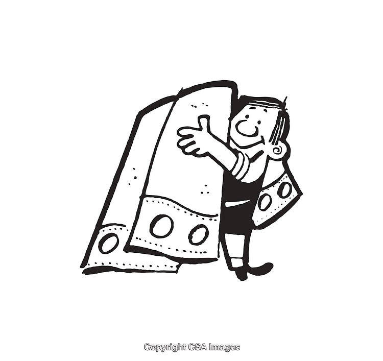 Black and White Illustration of a Man Embracing Money Bills