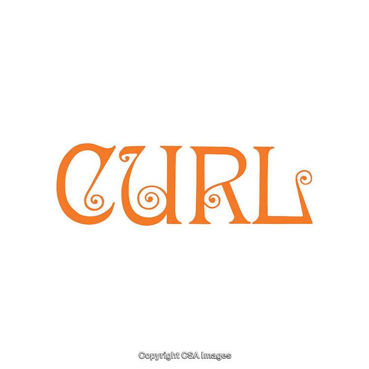 Stylized Orange Text Illustration with Decorative Curl Accents