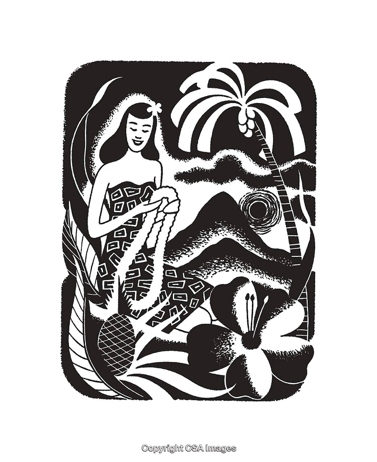 Black And White Island-Themed Illustration With Hula Girl And Tropical Elements