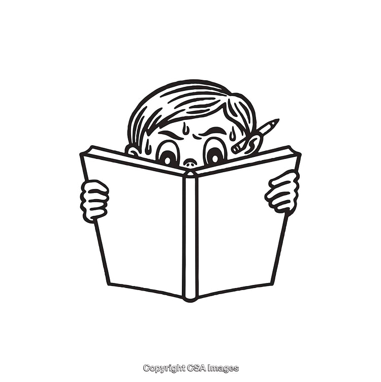 Black and White Illustration of a Worried Student Reading a Book