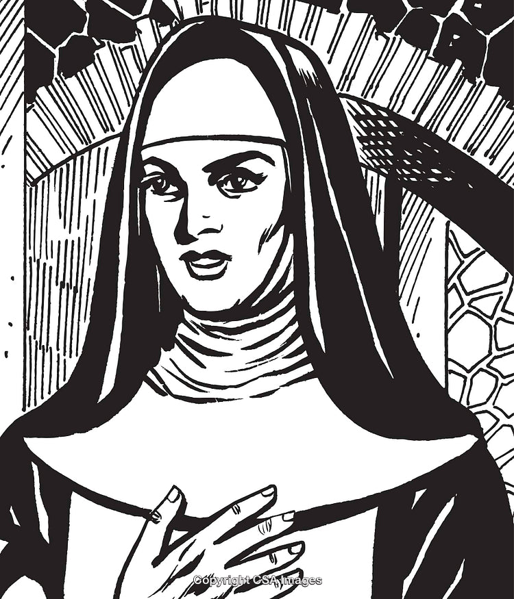Black and White Retro Illustration of a Nun in a Religious Setting