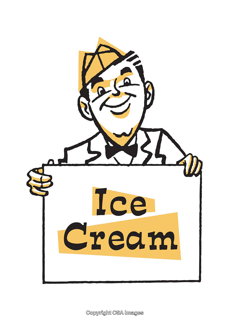 Vintage Ice Cream Vendor Illustration with Smiling Character and Sign