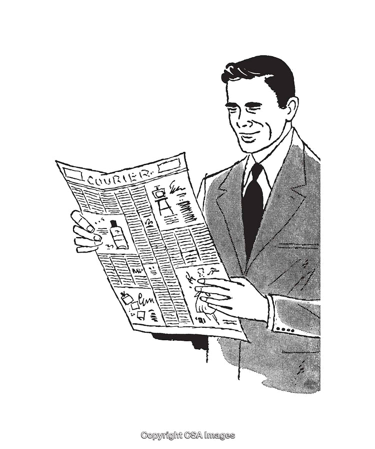 Businessman Smiling While Reading a Newspaper in Black and White