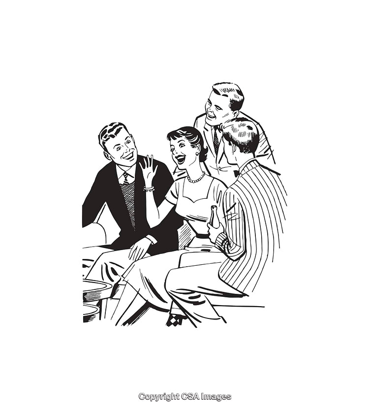 Retro Black And White Line Art Of Friends In Conversation