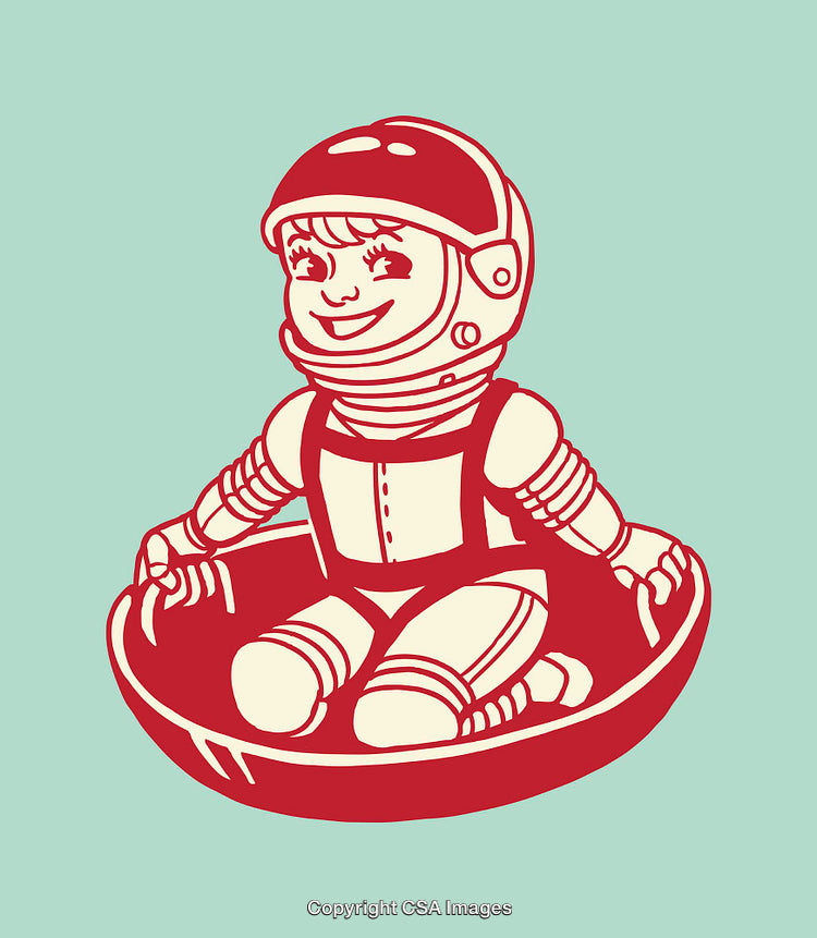 Adorable Cartoon Astronaut Child Illustration in Red and Teal Palette