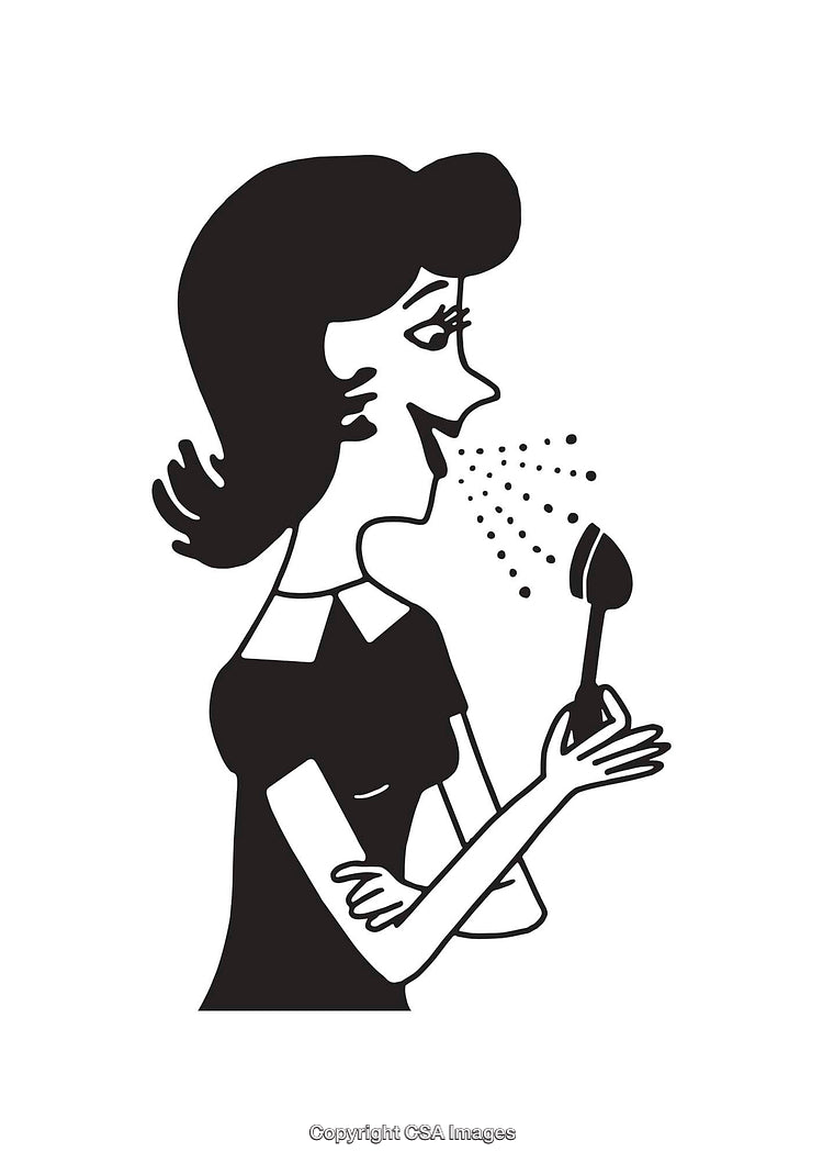 Retro Line Art Woman Sneezing While Holding a Spoon Illustration
