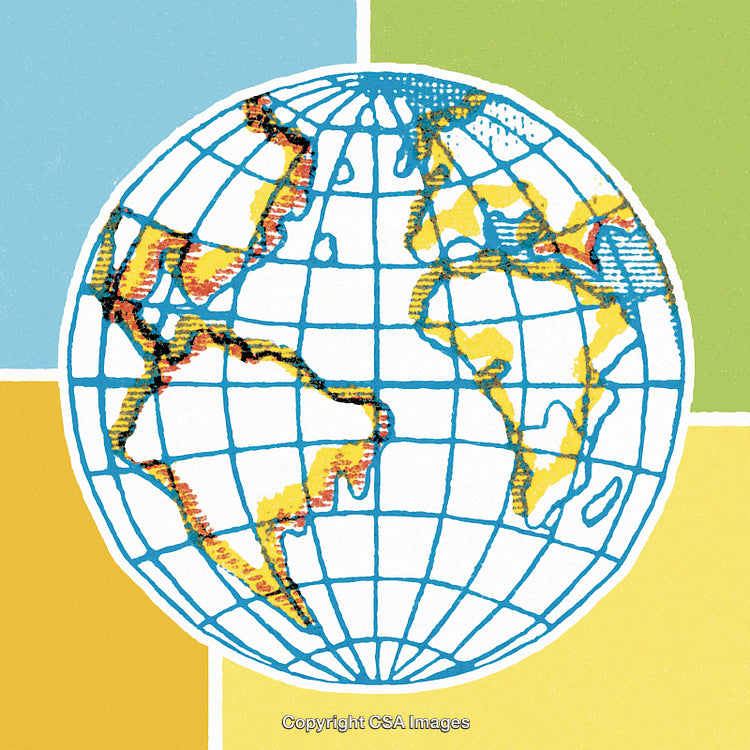 Illustrated Globe with Continental Borders on Colorful Geometric Background