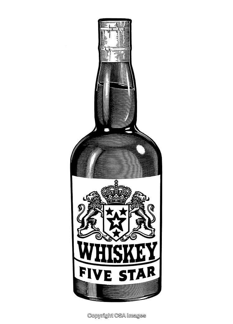 Black and White Engraving of a Whiskey Bottle Featuring Lions and Crown Emblem