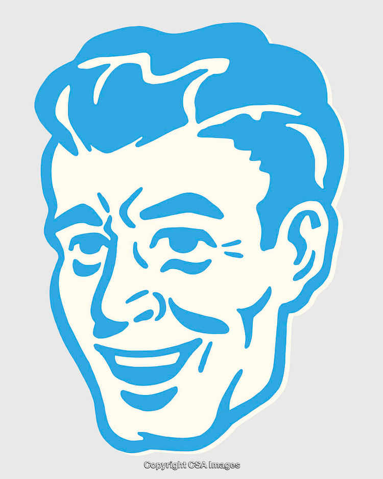 Retro Blue Line Art Illustration of a Smiling Man's Face