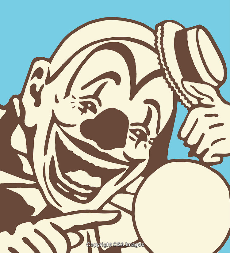 Retro Styled Clown Illustration with Vibrant Colors and Cartoonish Expressions