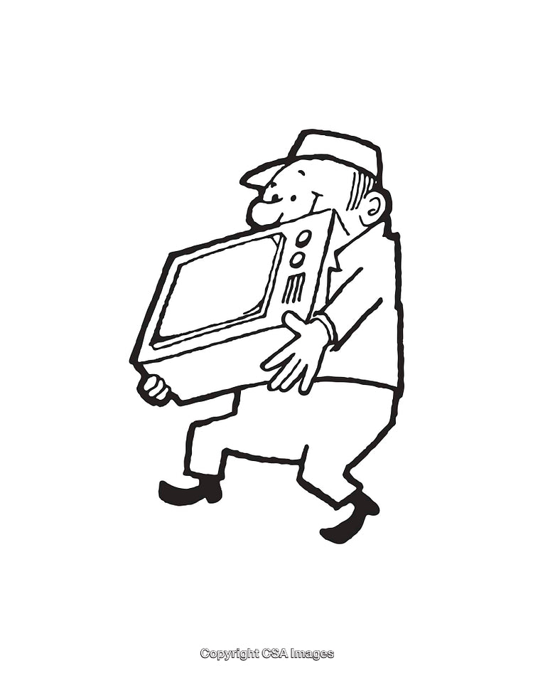 Black and White Cartoon Illustration of Man Carrying a Television