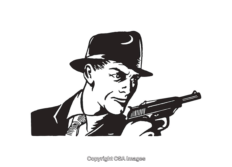 Vintage Black and White Illustration of a Man Holding a Gun