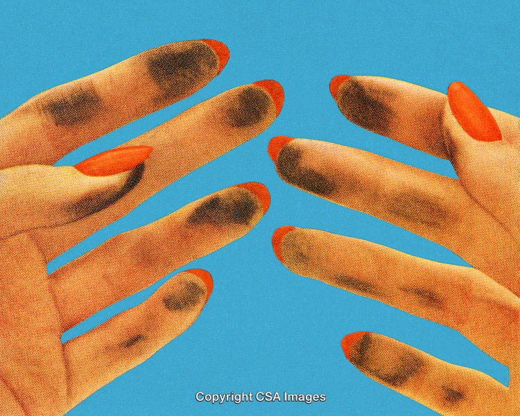 Stylized Image of Hands with Red Nails Against a Blue Background