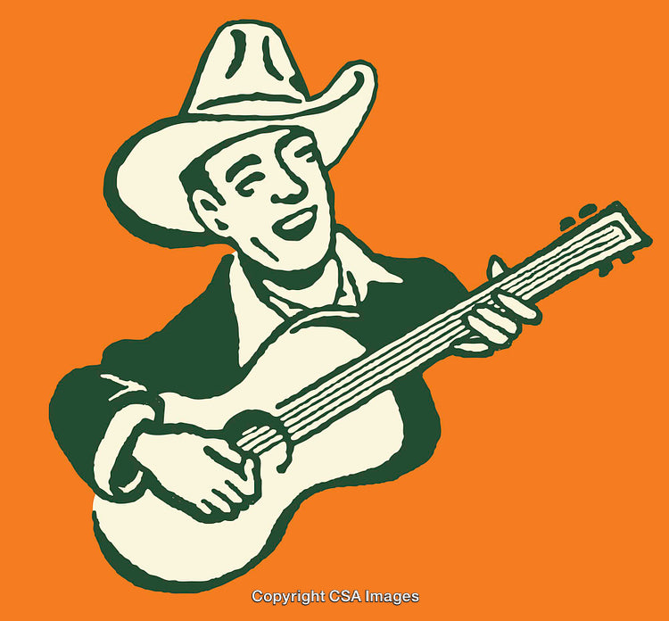 Cowboy Playing Guitar Artwork with Orange Background in Vintage Style