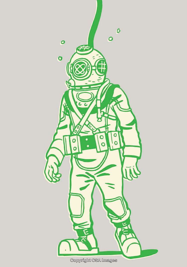 Green Line Art Illustration of a Classic Deep Sea Diver in Gear