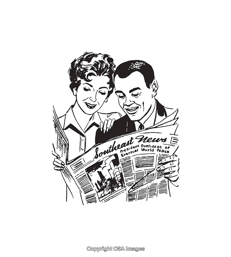 Retro Illustration of Couple Reading a Newspaper Together