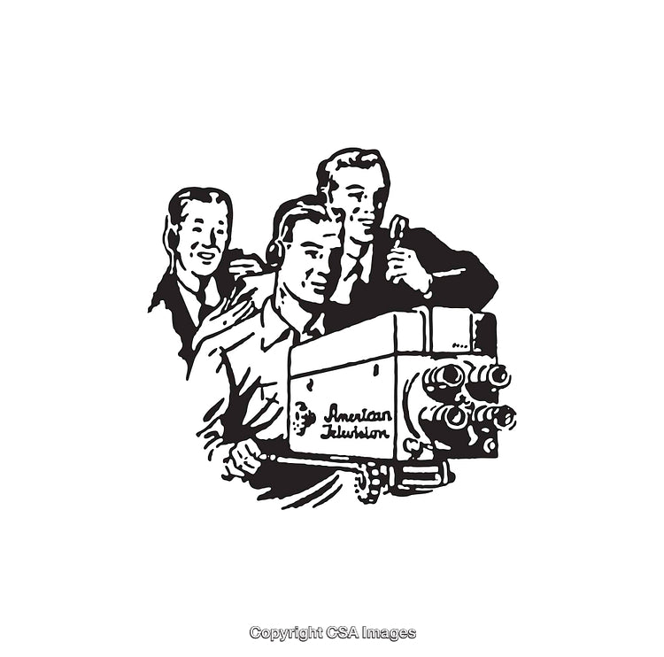 Retro Black and White Illustration of Vintage Television Production Crew