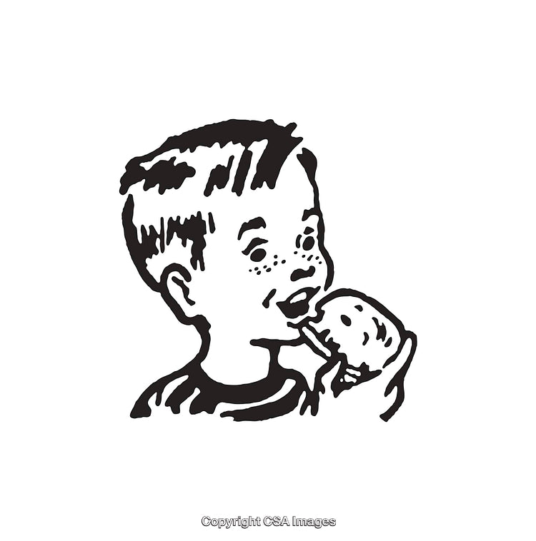 Retro Line Art of a Smiling Boy Eating an Ice Cream Cone