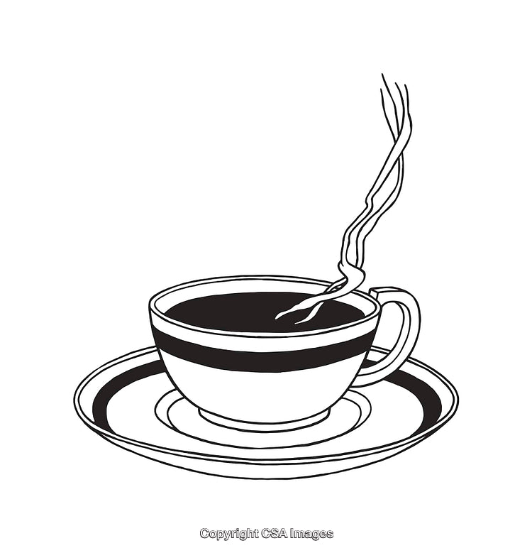 Black and White Line Art of a Cup of Steaming Coffee on a Saucer