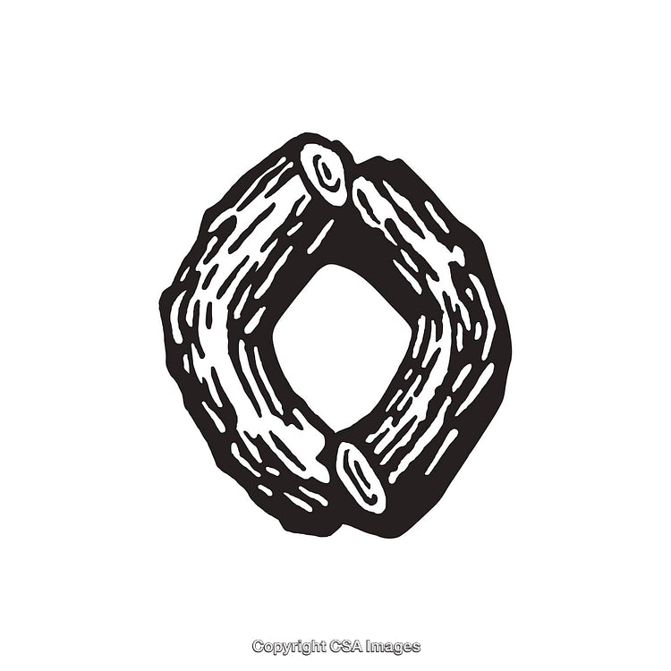 Vintage Black and White Illustration of Letter O Made from Tree Logs
