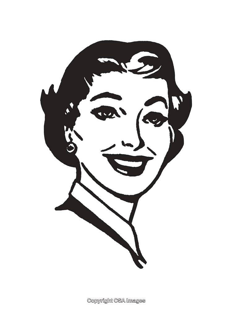 Smiling Retro Woman in Black and White Line Art Style