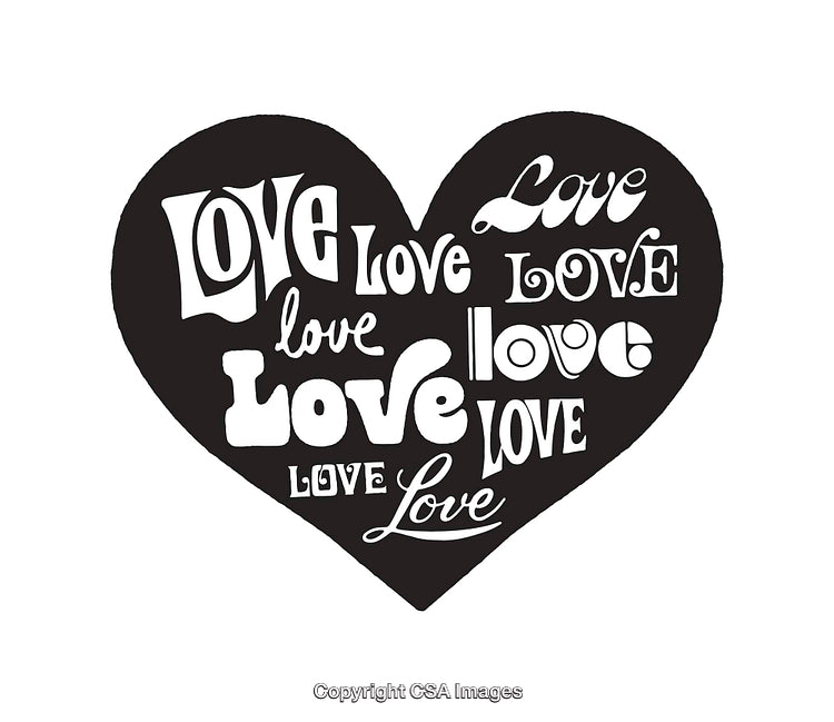 Black and White Heart Illustration Featuring Repeated Typography of Love