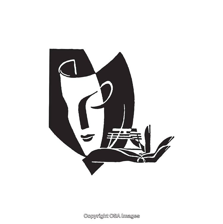 Abstract Black and White Line Art Depicting Face with Outstretched Hand