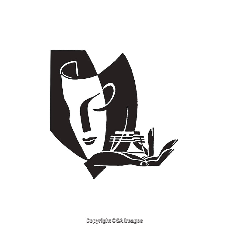 Abstract Black and White Line Art Depicting Face with Outstretched Hand