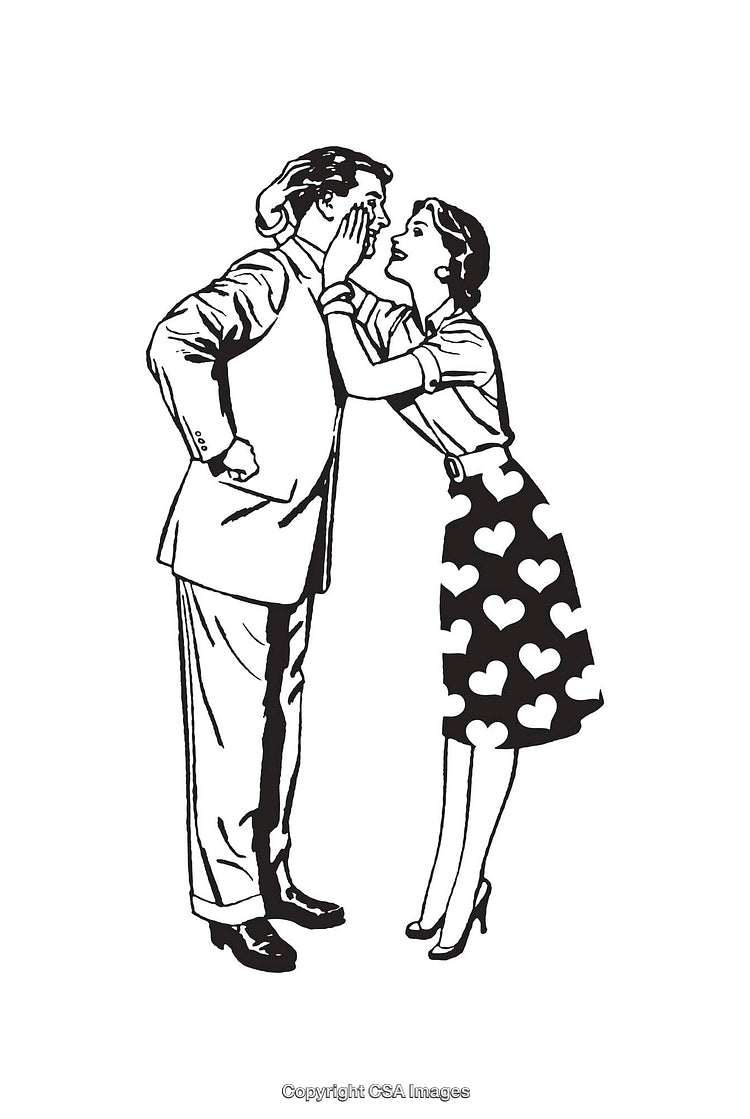 Retro Line Art Illustration of Whispering Couple in Vintage Style