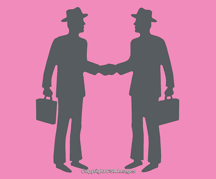 Silhouette of Two Businessmen Shaking Hands with Briefcases on a Pink Background