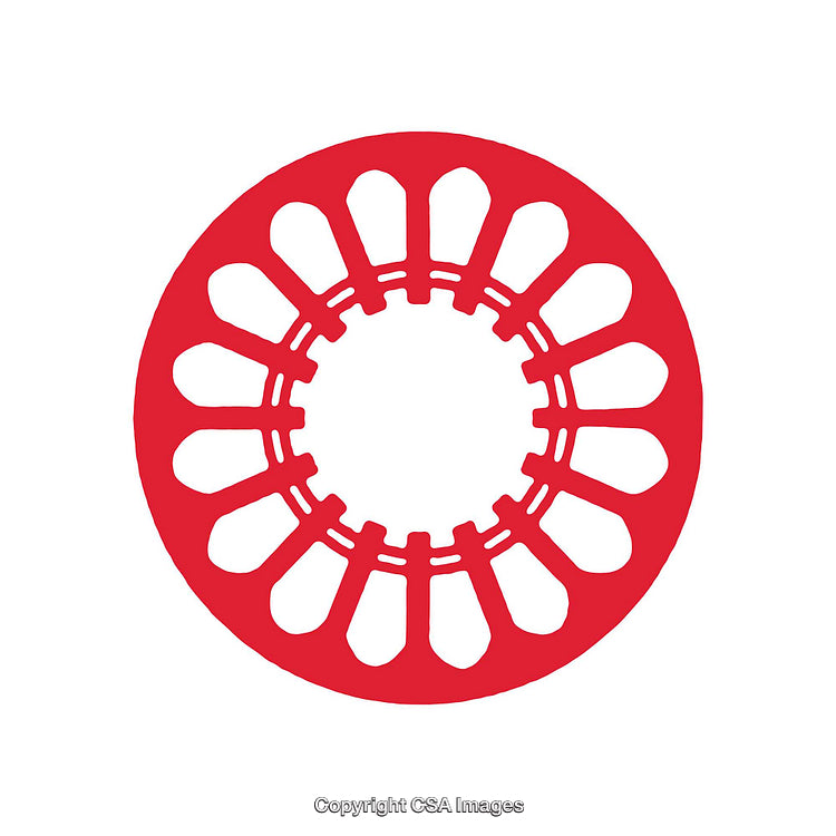 Red Circular Shape Featuring Symmetrical Patterns and Geometric Elements