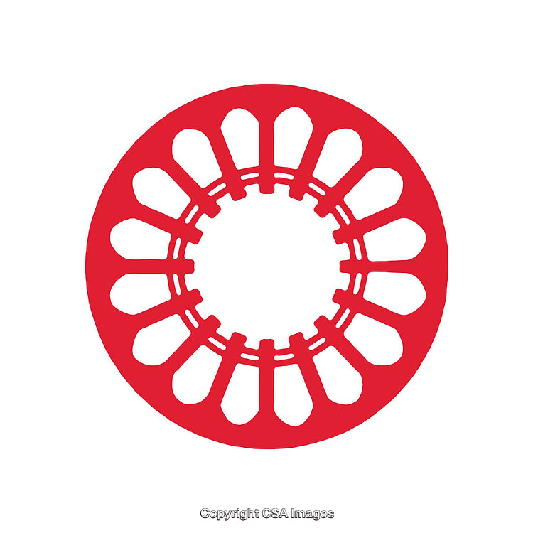 Red Circular Shape Featuring Symmetrical Patterns and Geometric Elements