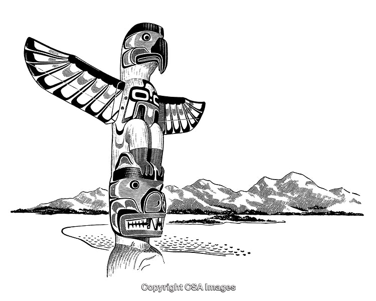 Black and White Engraving of Traditional Totem Pole in Natural Landscape
