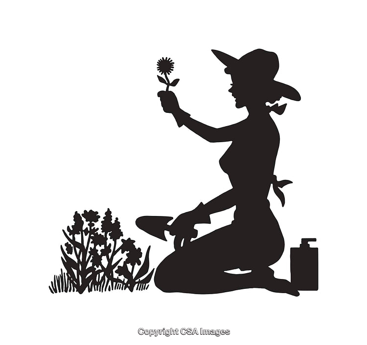 Silhouette of a Woman Gardening with Flowers and Tools