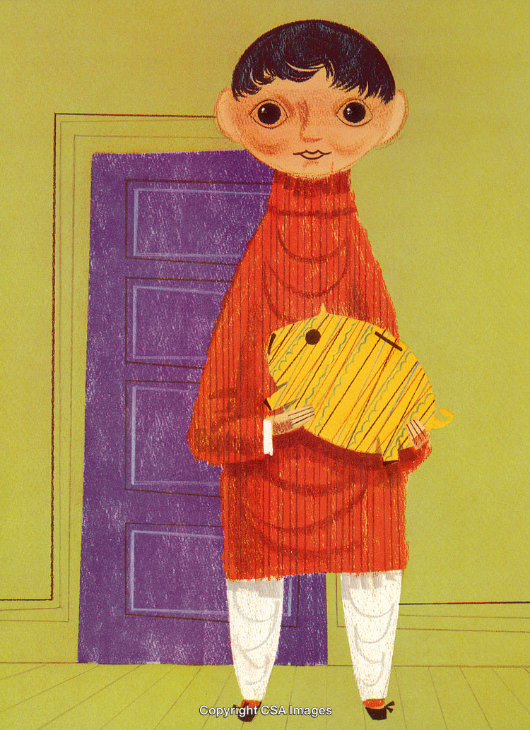 Illustrated Boy Holding Yellow Piggy Bank in Front of Purple Door