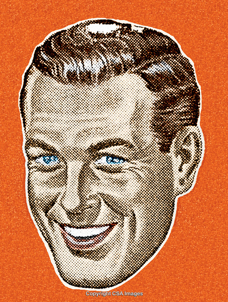 Retro Pop Art Style Illustration of a Smiling Man with Blue Eyes