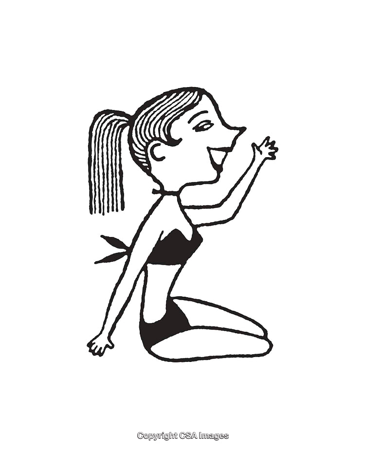 Black and White Line Art of a Cheerful Woman in Swimsuit