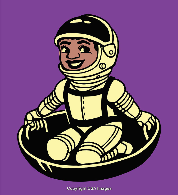 Illustration of Childlike Astronaut Figure in a Spacesuit on a Vibrant Background