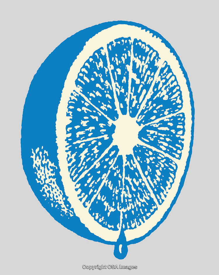 Blue and White Illustration of a Juicy Orange Slice with Droplet