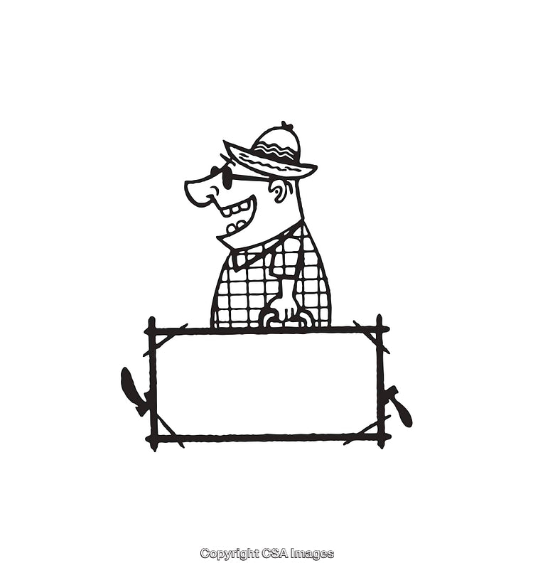 Smiling Cartoon Man Holding a Sign in Black and White Illustration